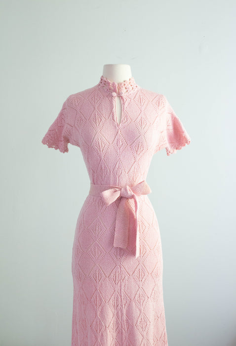 Fabulous 1970's Cherry Blossom Pink Knit Dress By JoAnn Knits / ML