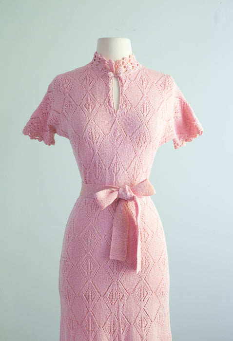 Fabulous 1970's Cherry Blossom Pink Knit Dress By JoAnn Knits / ML