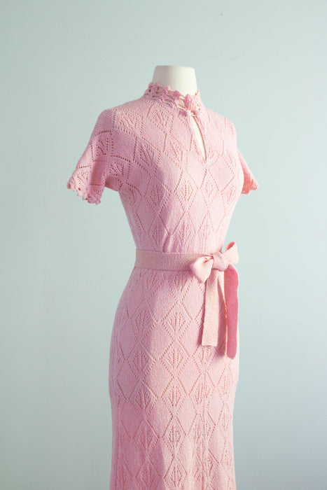 Fabulous 1970's Cherry Blossom Pink Knit Dress By JoAnn Knits / ML