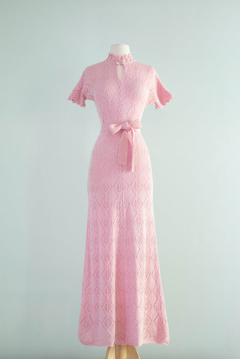 Fabulous 1970's Cherry Blossom Pink Knit Dress By JoAnn Knits / ML