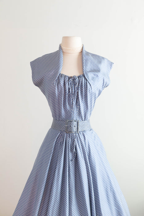 Rare Early 1950's New Look Era Blue Silk Polka Dot Dress Designed By Jacques Fath for Joseph Halpert / Small