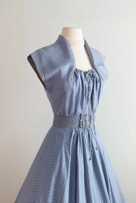 Rare Early 1950's New Look Era Blue Silk Polka Dot Dress Designed By Jacques Fath for Joseph Halpert / Small