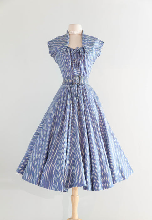 Rare Early 1950's New Look Era Blue Silk Polka Dot Dress Designed By Jacques Fath for Joseph Halpert / Small
