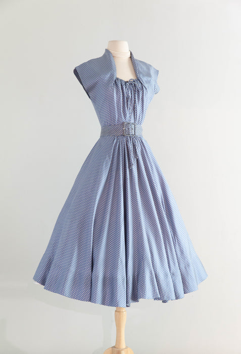Rare Early 1950's New Look Era Blue Silk Polka Dot Dress Designed By Jacques Fath for Joseph Halpert / Small