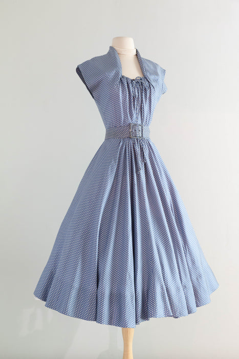Rare Early 1950's New Look Era Blue Silk Polka Dot Dress Designed By Jacques Fath for Joseph Halpert / Small