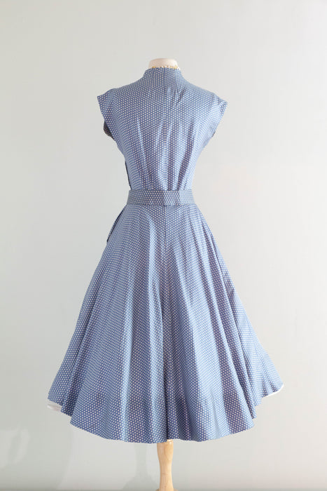 Rare Early 1950's New Look Era Blue Silk Polka Dot Dress Designed By Jacques Fath for Joseph Halpert / Small