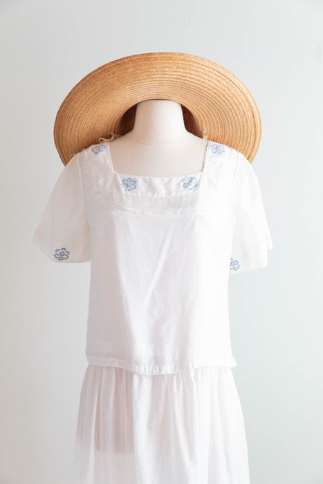 Ethereal 1920's Embroidered Cotton Lawn Two Piece Dress & Blouse / M