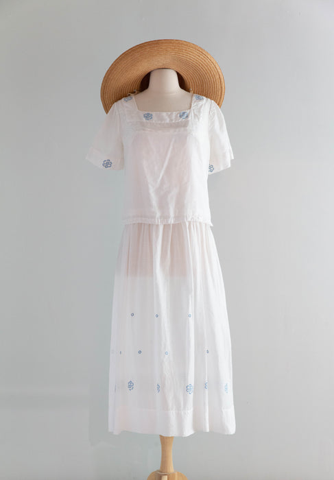 Ethereal 1920's Embroidered Cotton Lawn Two Piece Dress & Blouse / M