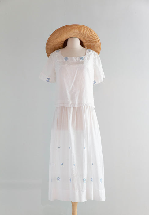 Ethereal 1920's Embroidered Cotton Lawn Two Piece Dress & Blouse / M