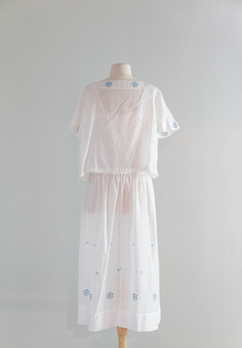 Ethereal 1920's Embroidered Cotton Lawn Two Piece Dress & Blouse / M