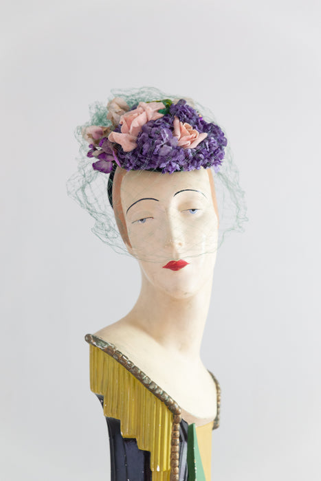 Gorgeous 1930's Summer Garden Tilt Hat With Green Veiling / OS