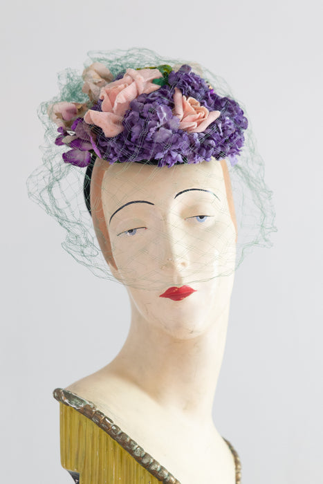 Gorgeous 1930's Summer Garden Tilt Hat With Green Veiling / OS