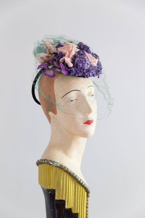 Gorgeous 1930's Summer Garden Tilt Hat With Green Veiling / OS