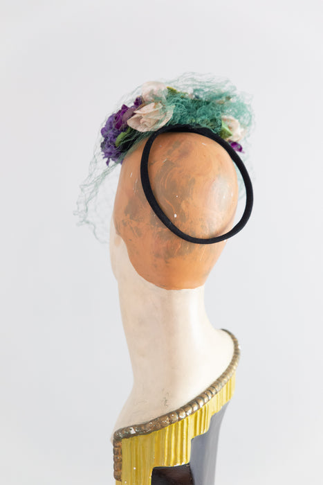 Gorgeous 1930's Summer Garden Tilt Hat With Green Veiling / OS