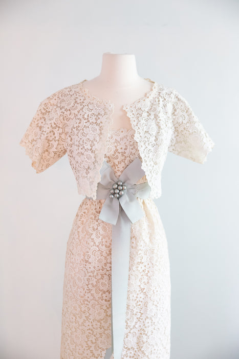 Rare Late 50's Christian Dior-New York Ivory Cotton Guipure Lace Wedding Dress with Bolero / SM