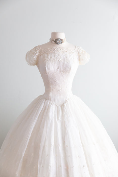 Beautiful 1950's Cotton Eyelet Tea Length Wedding Dress With Scalloped Hem / XS