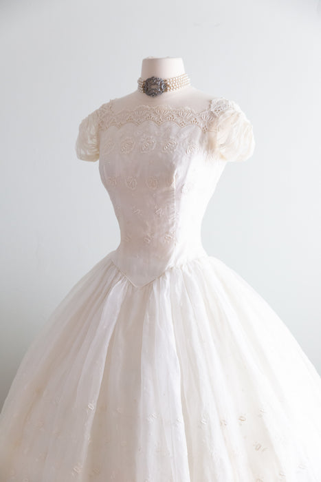 Beautiful 1950's Cotton Eyelet Tea Length Wedding Dress With Scalloped Hem / XS