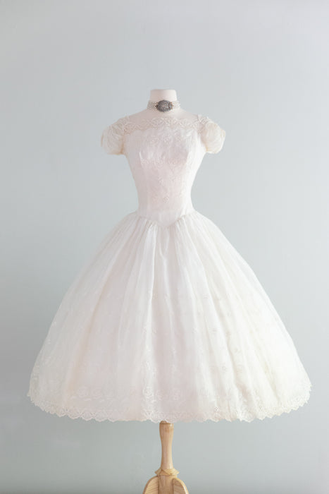 Beautiful 1950's Cotton Eyelet Tea Length Wedding Dress With Scalloped Hem / XS