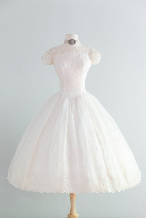 Beautiful 1950's Cotton Eyelet Tea Length Wedding Dress With Scalloped Hem / XS