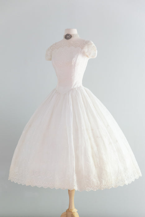 Beautiful 1950's Cotton Eyelet Tea Length Wedding Dress With Scalloped Hem / XS