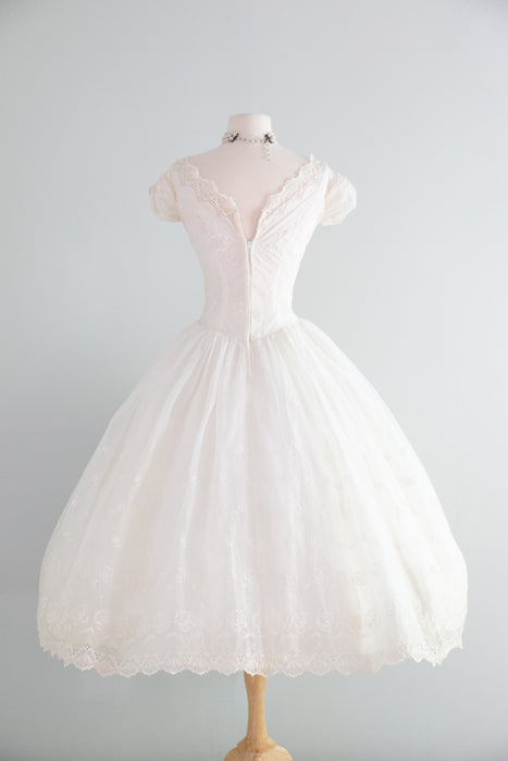 Beautiful 1950's Cotton Eyelet Tea Length Wedding Dress With Scalloped Hem / XS