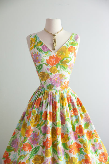 Classic Early 1960's Summer Garden Print Dress In Cotton Pique / SM