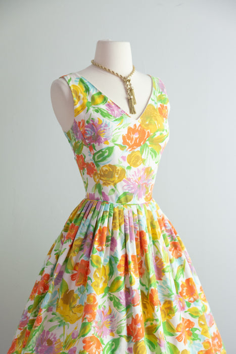 Classic Early 1960's Summer Garden Print Dress In Cotton Pique / SM