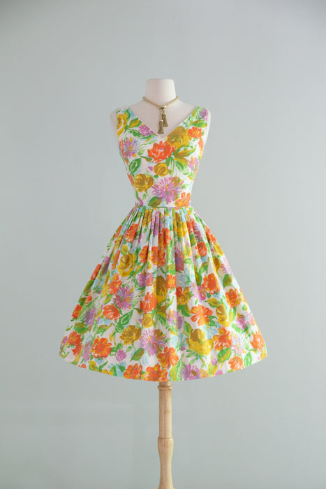 vintage summer dress Classic Early 1960's Summer Garden Print Dress In Cotton Pique / SM – Xtabay Vintage