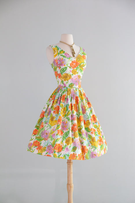 Classic Early 1960's Summer Garden Print Dress In Cotton Pique / SM