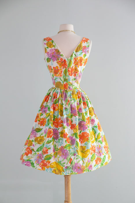 Classic Early 1960's Summer Garden Print Dress In Cotton Pique / SM