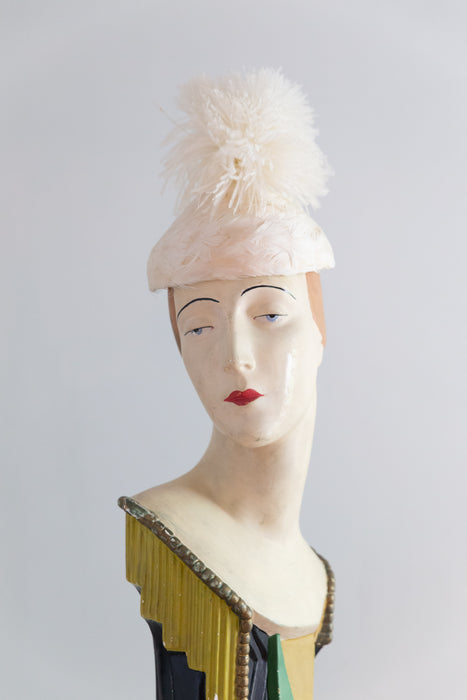 Wonderful Whimsical Midcentury Ivory Ostrich Feather Pom Pom Hat / OS
