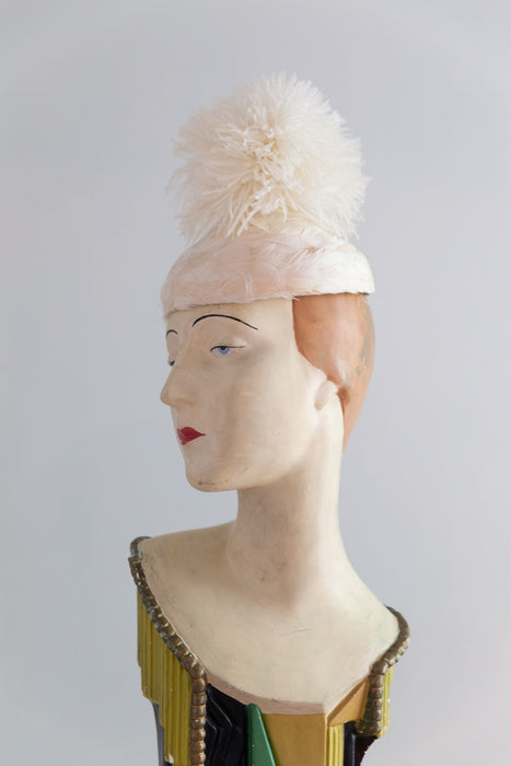 Wonderful Whimsical Midcentury Ivory Ostrich Feather Pom Pom Hat / OS