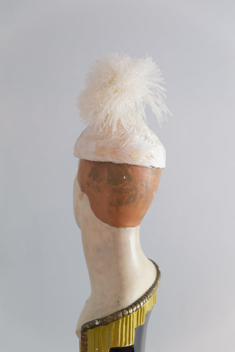 Wonderful Whimsical Midcentury Ivory Ostrich Feather Pom Pom Hat / OS