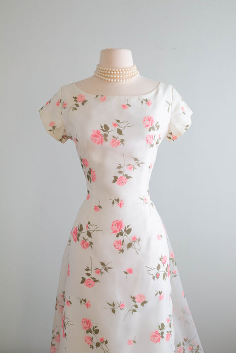 Classic Beauty 1950's Pink Rose Print Party Dress By Sylvia Ann / Medium