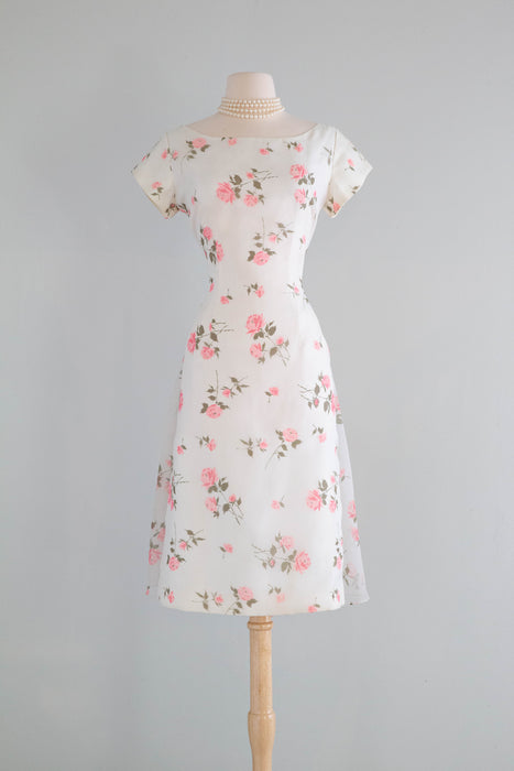 Classic Beauty 1950's Pink Rose Print Party Dress By Sylvia Ann / Medium