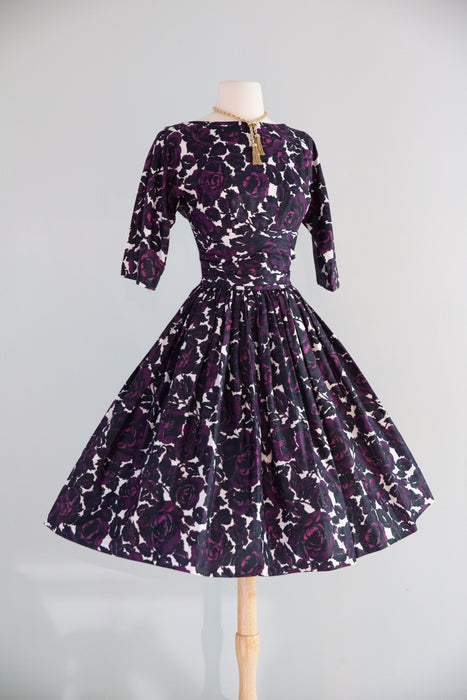 Gorgeous 1950's Jonathan Logan Gothic Rose Print Polished Cotton Dress / ML