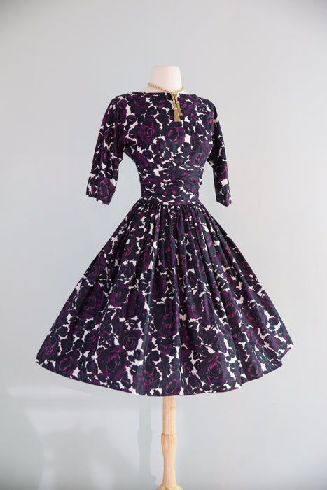 Gorgeous 1950's Jonathan Logan Gothic Rose Print Polished Cotton Dress / ML