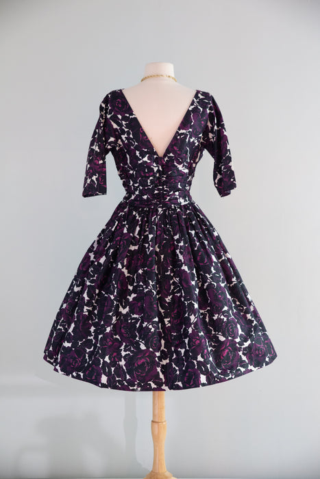 Gorgeous 1950's Jonathan Logan Gothic Rose Print Polished Cotton Dress / ML