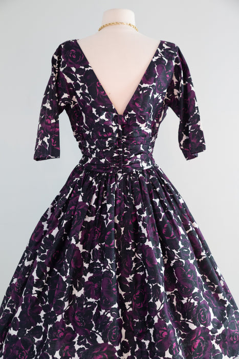 Gorgeous 1950's Jonathan Logan Gothic Rose Print Polished Cotton Dress / ML