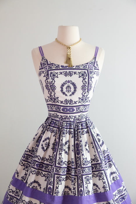 Fabulous 1950s Baroque Print Cotton Sun Dress With Harps and Bows! / Small