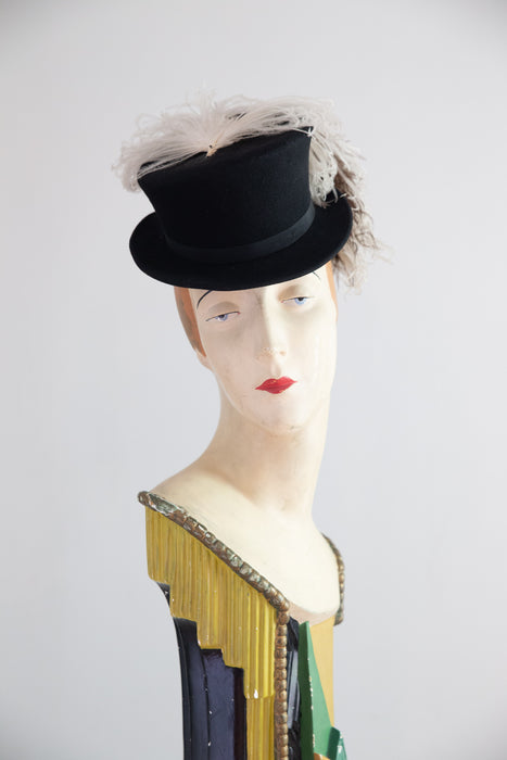 Iconic 1930's Black Felt Tilt Hat With Ostrich Plume / OS