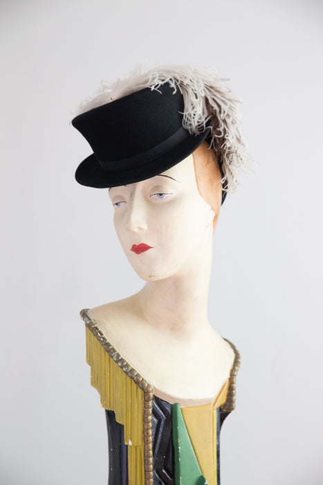 Iconic 1930's Black Felt Tilt Hat With Ostrich Plume / OS
