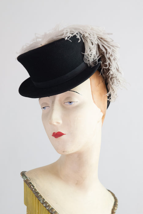Iconic 1930's Black Felt Tilt Hat With Ostrich Plume / OS