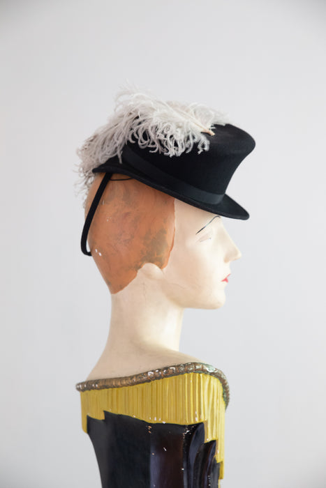 Iconic 1930's Black Felt Tilt Hat With Ostrich Plume / OS