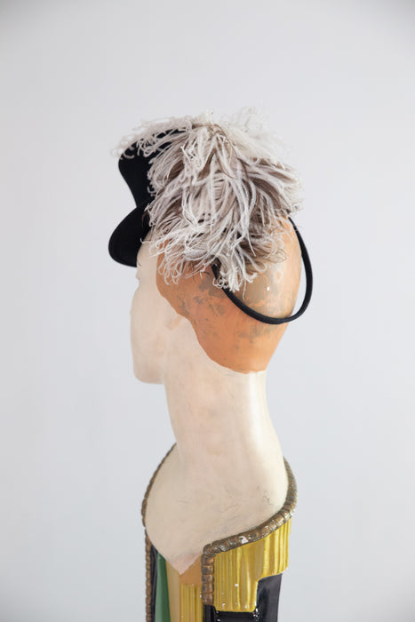Iconic 1930's Black Felt Tilt Hat With Ostrich Plume / OS