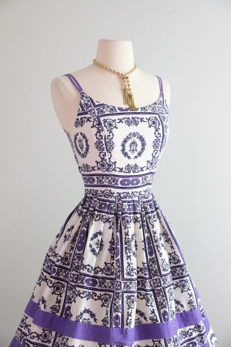 Fabulous 1950s Baroque Print Cotton Sun Dress With Harps and Bows! / Small