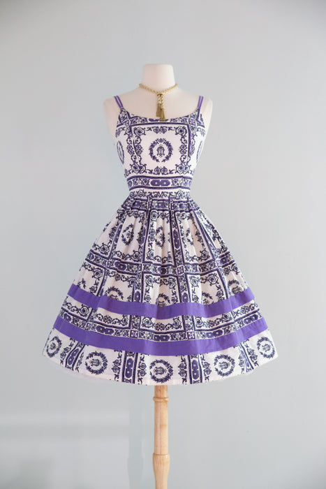 Fabulous 1950s Baroque Print Cotton Sun Dress With Harps and Bows! / Small