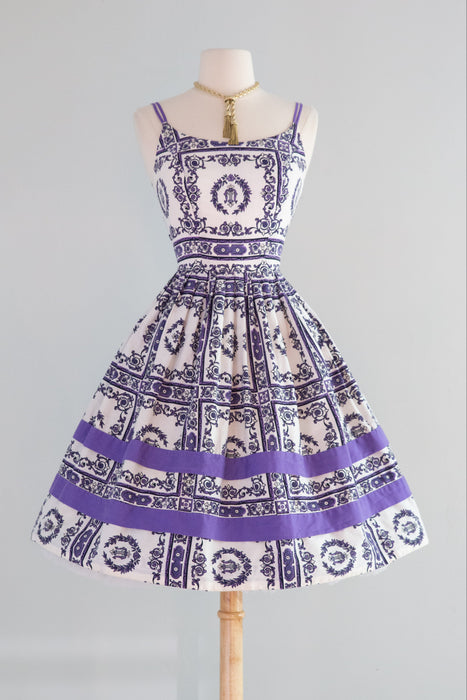 Fabulous 1950s Baroque Print Cotton Sun Dress With Harps and Bows! / Small