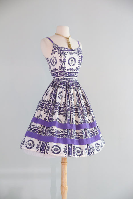 Fabulous 1950s Baroque Print Cotton Sun Dress With Harps and Bows! / Small