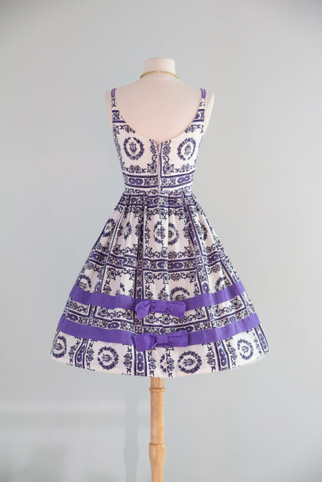 Fabulous 1950s Baroque Print Cotton Sun Dress With Harps and Bows! / Small